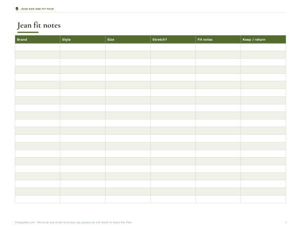 Preview of Printable Jean Fit Notes Sheet