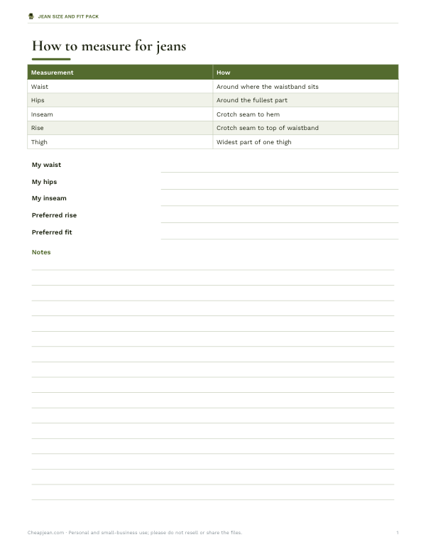 Preview of Printable Jean Measurement Chart