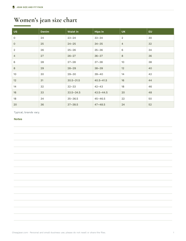 Preview of Printable Women’s Jean Size Chart